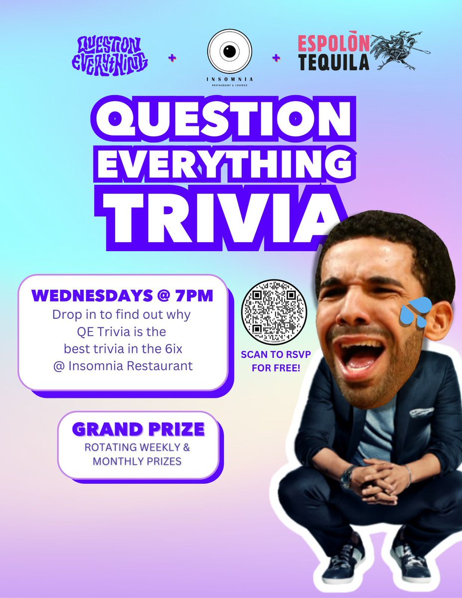 Insomnia Restaurant & Lounge (@insomniatoronto) on Twitter photo You think you're so smart?! Prove it at <a href="/insomniatoronto/">Insomnia Restaurant & Lounge</a> Restaurant & Lounge for Question Everything Trivia this WEDNESDAY. Lots of prizes awarded.
Details & table reservation: insomniarestaurant.com/qe-mondays-tue… <a href="/insomniatoronto/">Insomnia Restaurant & Lounge</a> @qetrivia #torontonightlife #theannex <a href="/QETrivia/">Question Everything</a> You think you're so smart?! Prove it at <a href="/insomniatoronto/">Insomnia Restaurant & Lounge</a> Restaurant & Lounge for Question Everything Trivia this WEDNESDAY. Lots of prizes awarded.
Details & table reservation: insomniarestaurant.com/qe-mondays-tue… <a href="/insomniatoronto/">Insomnia Restaurant & Lounge</a> @qetrivia #torontonightlife #theannex <a href="/QETrivia/">Question Everything</a>