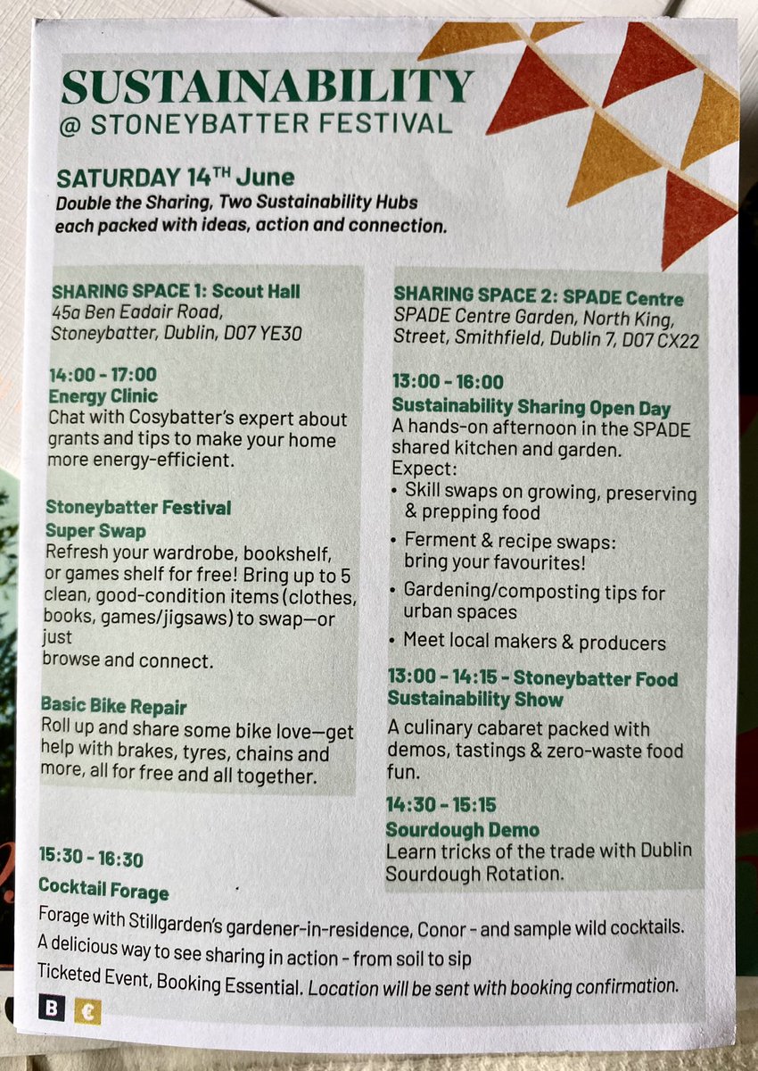 A fab line-up of events for the Stoneybatter Festival 13-15 June - incl sharing, swapping &amp; bike-bopping.  On the Saturday afternoon we’ll have TWO “sharing spaces” with a Clothes, Books &amp; Games Swap; Food Sustainability; Bike Repair; Home Energy Clinic, a Cocktail Forage &amp; more