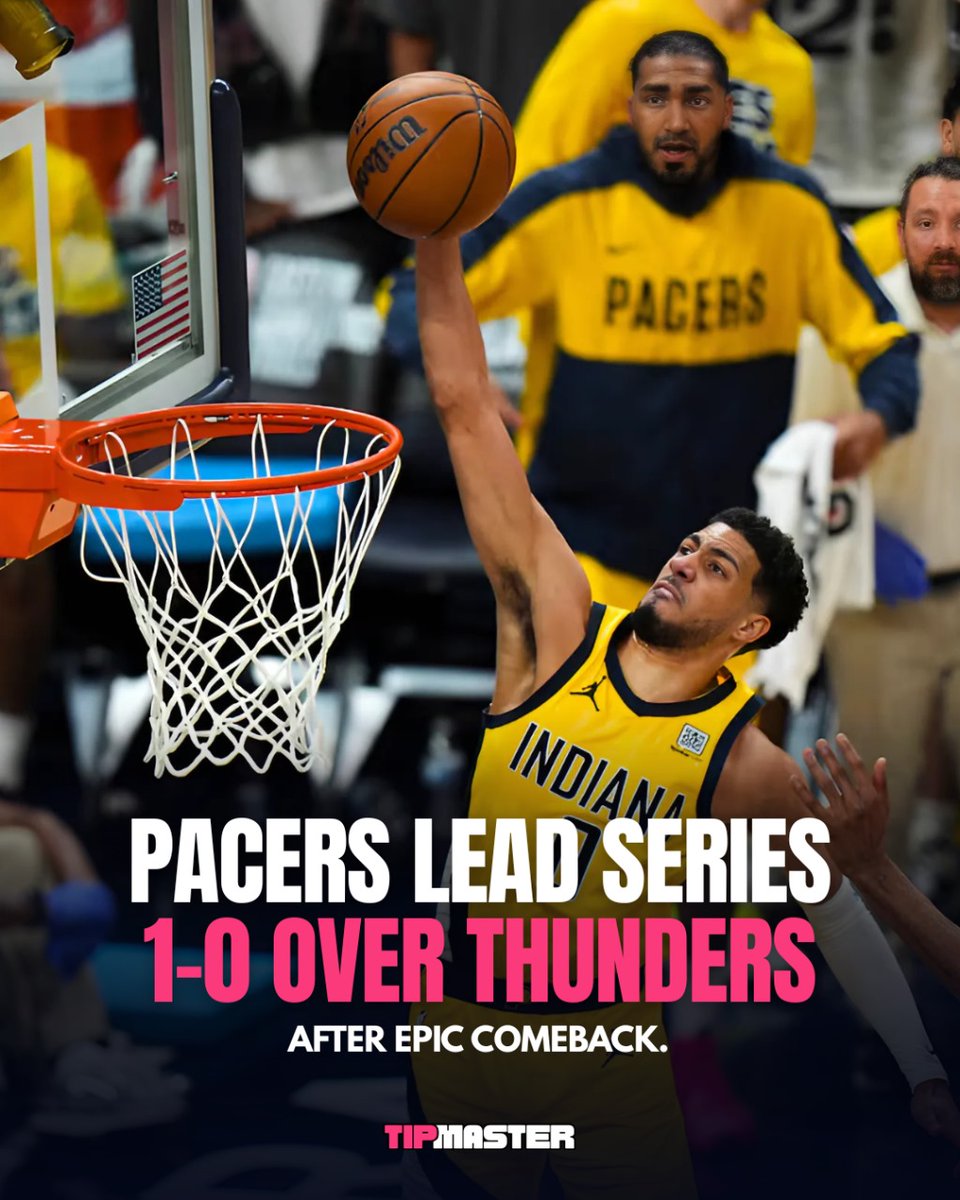 Tipmasterai's tweet photo. 🔥 Pacers strike first! 
Indiana takes a 1-0 series lead over the Thunder after an EPIC comeback! Can OKC bounce back in Game 2? 👀🏀
#Tipmaster bringing the heat!

#thundervspacers #NBAPlayoffs #Game1Victory #BasketballHighlights #Tipmaster https://t.co/pV1T9JWMqp