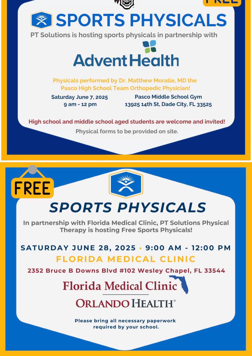 Angeline Academy of Innovation Athletics (@aai_athletics) on Twitter photo 🏥REMINDER... FREE PHYSICALS🏥
6/7/2025 from 9:00AM-12:00PM @ Pasco Middle School (13925 14th St Dade City, FL 33525)
6/28/2025 from 9:00AM-12:00PM @ FMC-OH (2352 Bruce B Downs Blvd Wesley Chapel, FL 33544)
<a href="/PascoCoSports/">Pasco County Sports</a> <a href="/AngelineAcademy/">Angeline Academy of Innovation</a> 🏥REMINDER... FREE PHYSICALS🏥
6/7/2025 from 9:00AM-12:00PM @ Pasco Middle School (13925 14th St Dade City, FL 33525)
6/28/2025 from 9:00AM-12:00PM @ FMC-OH (2352 Bruce B Downs Blvd Wesley Chapel, FL 33544)
<a href="/PascoCoSports/">Pasco County Sports</a> <a href="/AngelineAcademy/">Angeline Academy of Innovation</a>