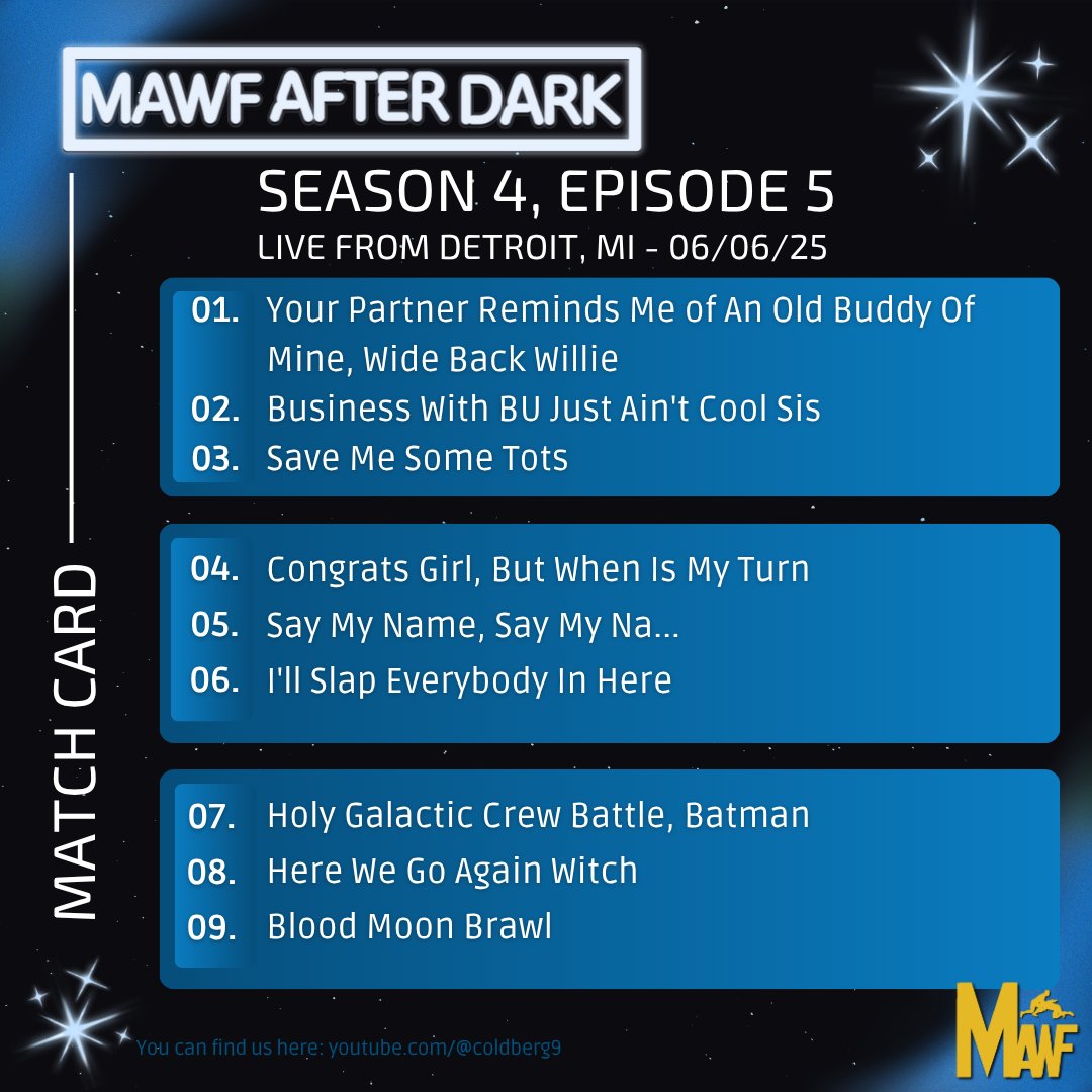 If you aren't familiar, get familiar. S4:E5 of #MAWFAfterDark is tonight LIVE from Detroit, MI! Your match card is below.

All I'm asking is for someone to bring me some pizza. I'll need the energy for tonight's matches! See you there 👉🏾twitch.tv/coldberg9 #MAWF #WWE2K25