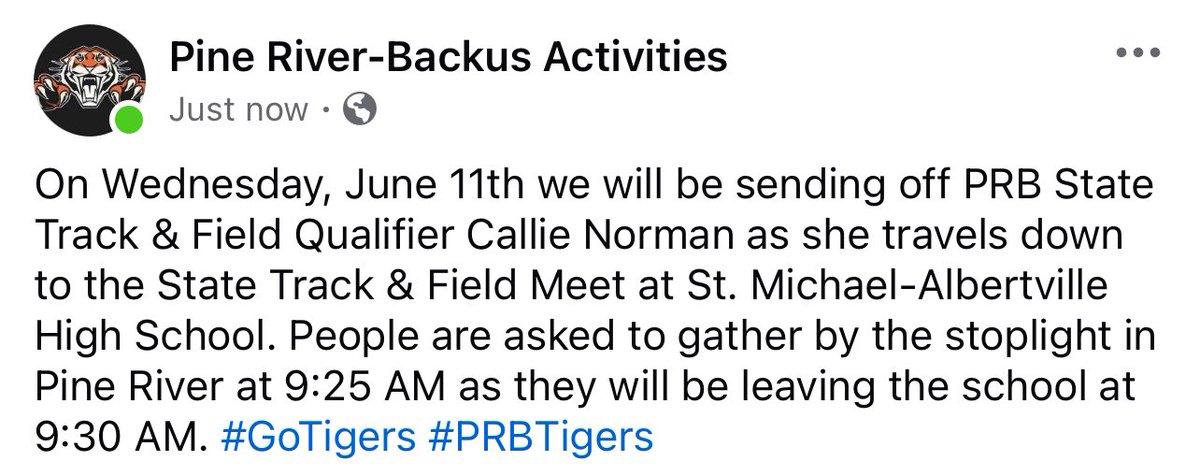 On Wednesday, June 11th we will be sending off PRB State Track &amp; Field Qualifier Callie Norman as she travels down to the State Track &amp; Field Meet at St. Michael-Albertville High School. Please see the post below for more info. #GoTigers #PRBTigers <a href="/JeremyMillsop/">Jeremy Millsop</a>
