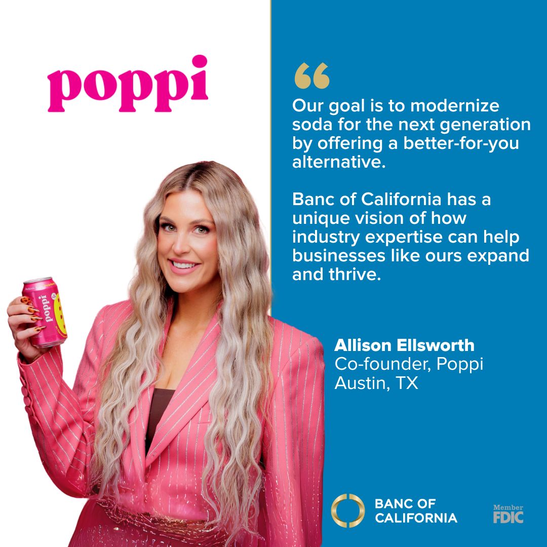 Banc of California (@bancofcal) on Twitter photo Congratulations to the entire team at <a href="/drinkpoppi/">poppi</a> on the successful closing of your acquisition by PepsiCo!
Over the past four years, we've had the privilege of supporting your incredible growth journey. Here's to continued success and growth in the future. Congratulations to the entire team at <a href="/drinkpoppi/">poppi</a> on the successful closing of your acquisition by PepsiCo!
Over the past four years, we've had the privilege of supporting your incredible growth journey. Here's to continued success and growth in the future.