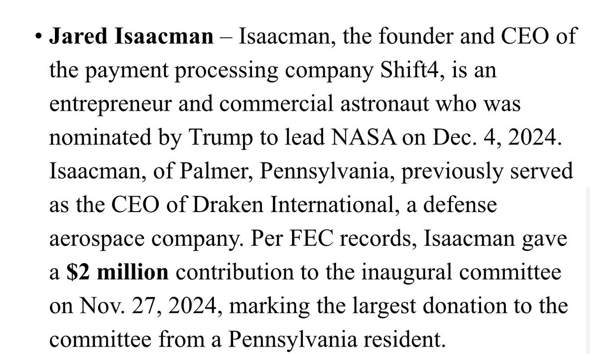 Laura Loomer (@lauraloomer) on Twitter photo Jared Isaacman <a href="/rookisaacman/">Jared Isaacman</a> is an innovator and he is NOT a registered Democrat. Did he donate to Democrats? Yes, he did. But, a lot of other admin officials donated to Democrats too. We have receipts on that, or at least I have them. That’s a fact.
Jared is a registered Jared Isaacman <a href="/rookisaacman/">Jared Isaacman</a> is an innovator and he is NOT a registered Democrat. Did he donate to Democrats? Yes, he did. But, a lot of other admin officials donated to Democrats too. We have receipts on that, or at least I have them. That’s a fact.
Jared is a registered