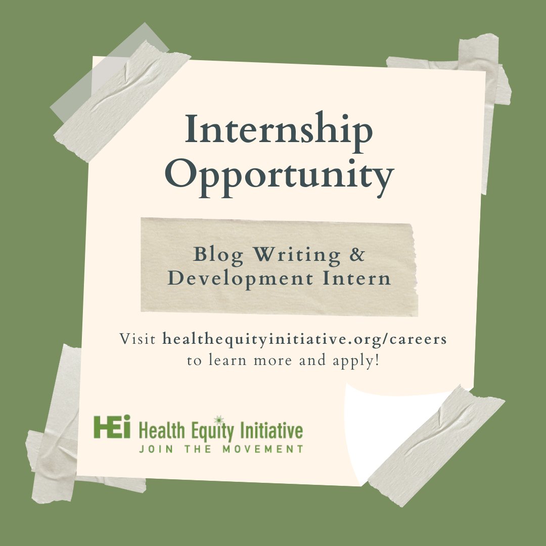 Health Equity Initiative (HEI) (@hlthequityinit) on Twitter photo <a href="/HlthEquityInit/">Health Equity Initiative (HEI)</a> is seeking a Blog Writing & Development Intern for Fall 2025/Spring 2026!
Visit healthequityinitiative.org/careers to learn more and apply.
#healthequity #ActForHealthEquity <a href="/HlthEquityInit/">Health Equity Initiative (HEI)</a> is seeking a Blog Writing & Development Intern for Fall 2025/Spring 2026!
Visit healthequityinitiative.org/careers to learn more and apply.
#healthequity #ActForHealthEquity
