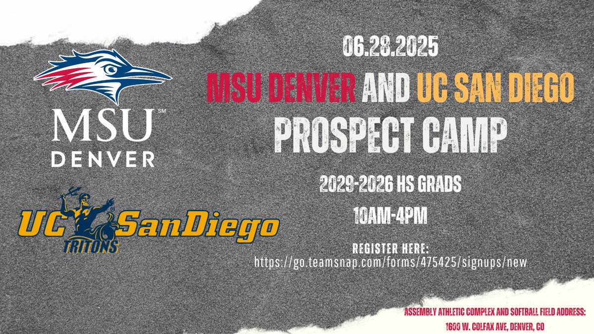 MSU Denver Softball (@roadrunnersb) on Twitter photo 2029-2026 HS prospects! Join us and <a href="/UCSDsoftball/">UC San Diego Softball</a> on June 28th for our prospect camp!
Register here: go.teamsnap.com/forms/475425 2029-2026 HS prospects! Join us and <a href="/UCSDsoftball/">UC San Diego Softball</a> on June 28th for our prospect camp!
Register here: go.teamsnap.com/forms/475425