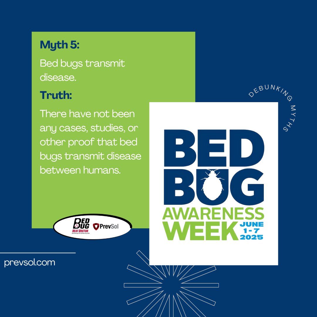 prevsol's tweet image. Myth 5: Bed bugs transmit disease.
Truth: There have not been any cases, studies, or other proof that bed bugs transmit disease between humans.

Follow along for more #bedbugawarenessweek myths.