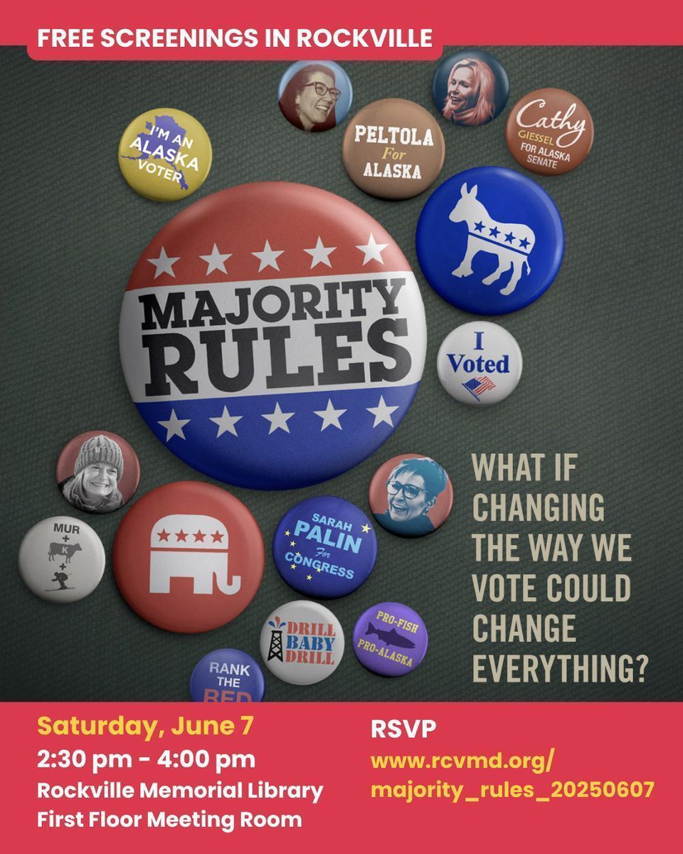 rcvformaryland's tweet image. How can changing the way we vote give voters more power, more choices, and a stronger voice in elections?
Be part of the #MajorityRules conversation this Saturday, June 7 at 2:30p in Rockville to learn more about local reforms.
RSVP rcvmd.org/majority_rules…
#RankedChoiceVoting