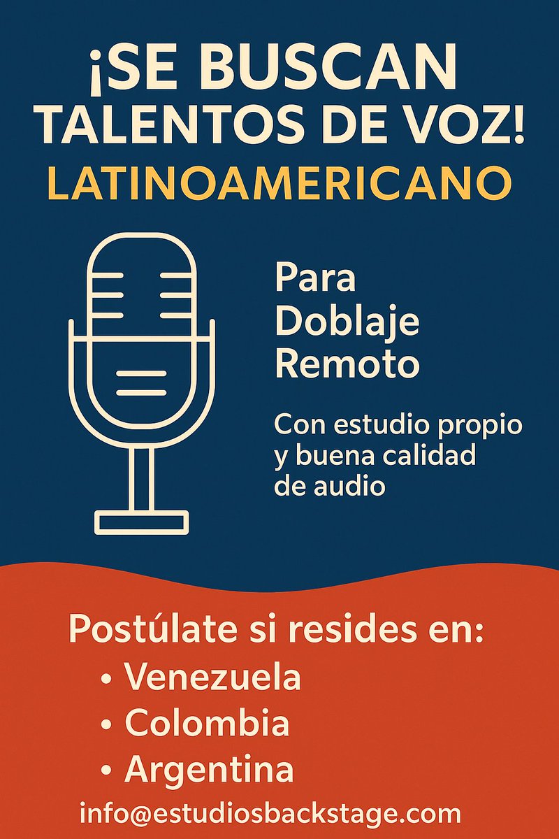 BackstageDub's tweet image. Hola #locutores Estamos preparando un equipo de actores de #Doblaje  con posiblidad de grabación remota. Si resides  en #Venezuela #Argentina o #Colombia envianos un email con los detalles de tu estudio casero y una muestra de voz.