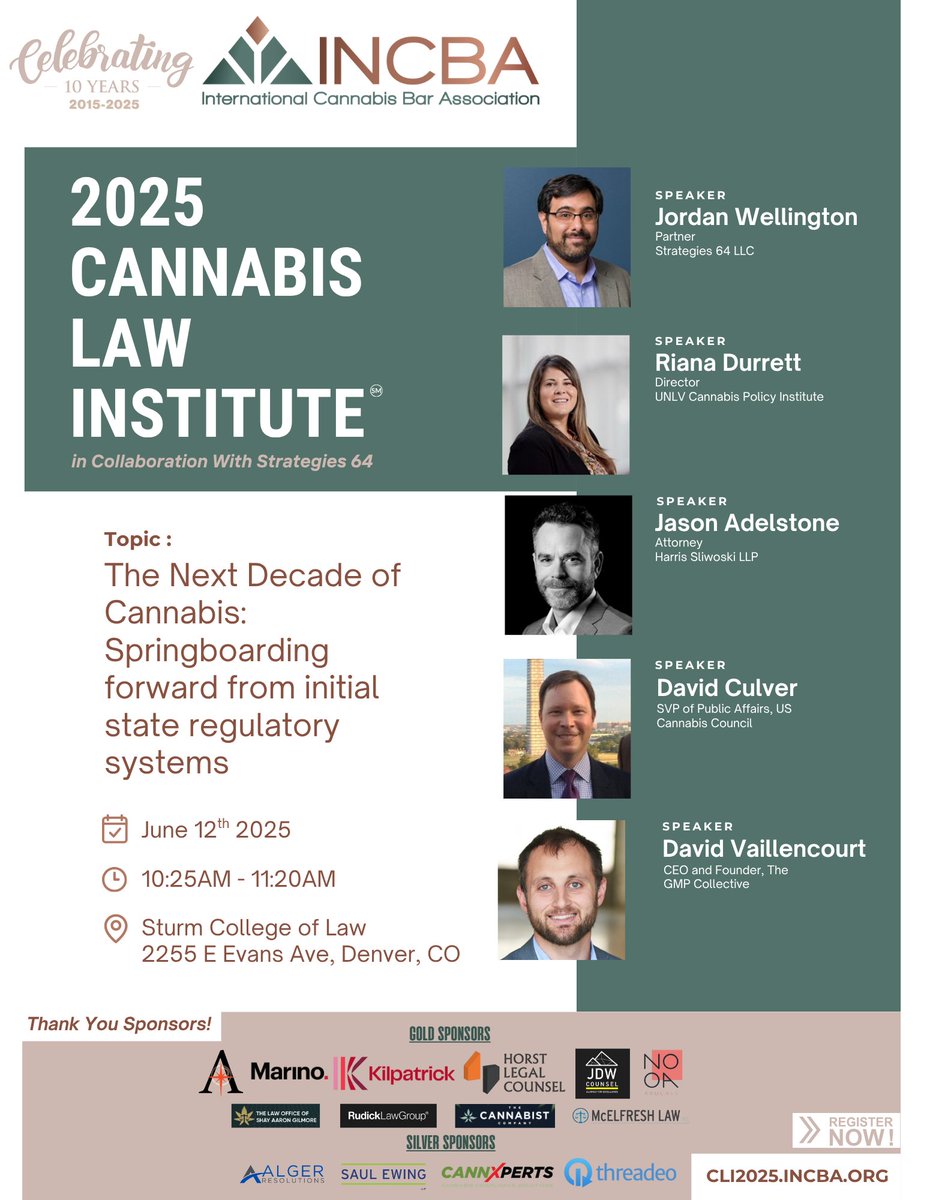Riana Durrett (@rianadurrett1) on Twitter photo Looking forward to joining <a href="/theINCBA/">International Cannabis Bar Association</a> on June 12 at 10:25 a.m. for "The Next Decade of Cannabis" during the Cannabis Law Institute 2025 conference in Denver. Special thanks to Jordan Wellington for including me!
cli2025.incba.org Looking forward to joining <a href="/theINCBA/">International Cannabis Bar Association</a> on June 12 at 10:25 a.m. for "The Next Decade of Cannabis" during the Cannabis Law Institute 2025 conference in Denver. Special thanks to Jordan Wellington for including me!
cli2025.incba.org