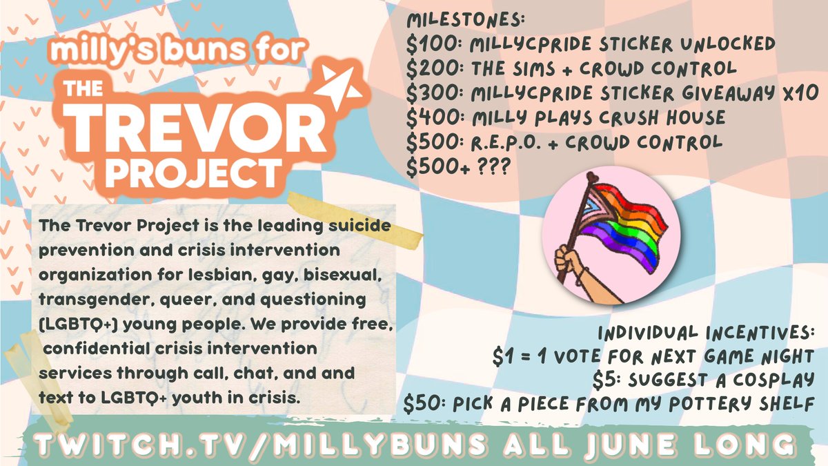 miles → bsky (@millybuns) on Twitter photo 🌈 happy pride !! 💗
we are fundraising for <a href="/TrevorProject/">The Trevor Project</a> all month long 🧡
tilt.fyi/K9KZT2PsTx 🌈 happy pride !! 💗
we are fundraising for <a href="/TrevorProject/">The Trevor Project</a> all month long 🧡
tilt.fyi/K9KZT2PsTx