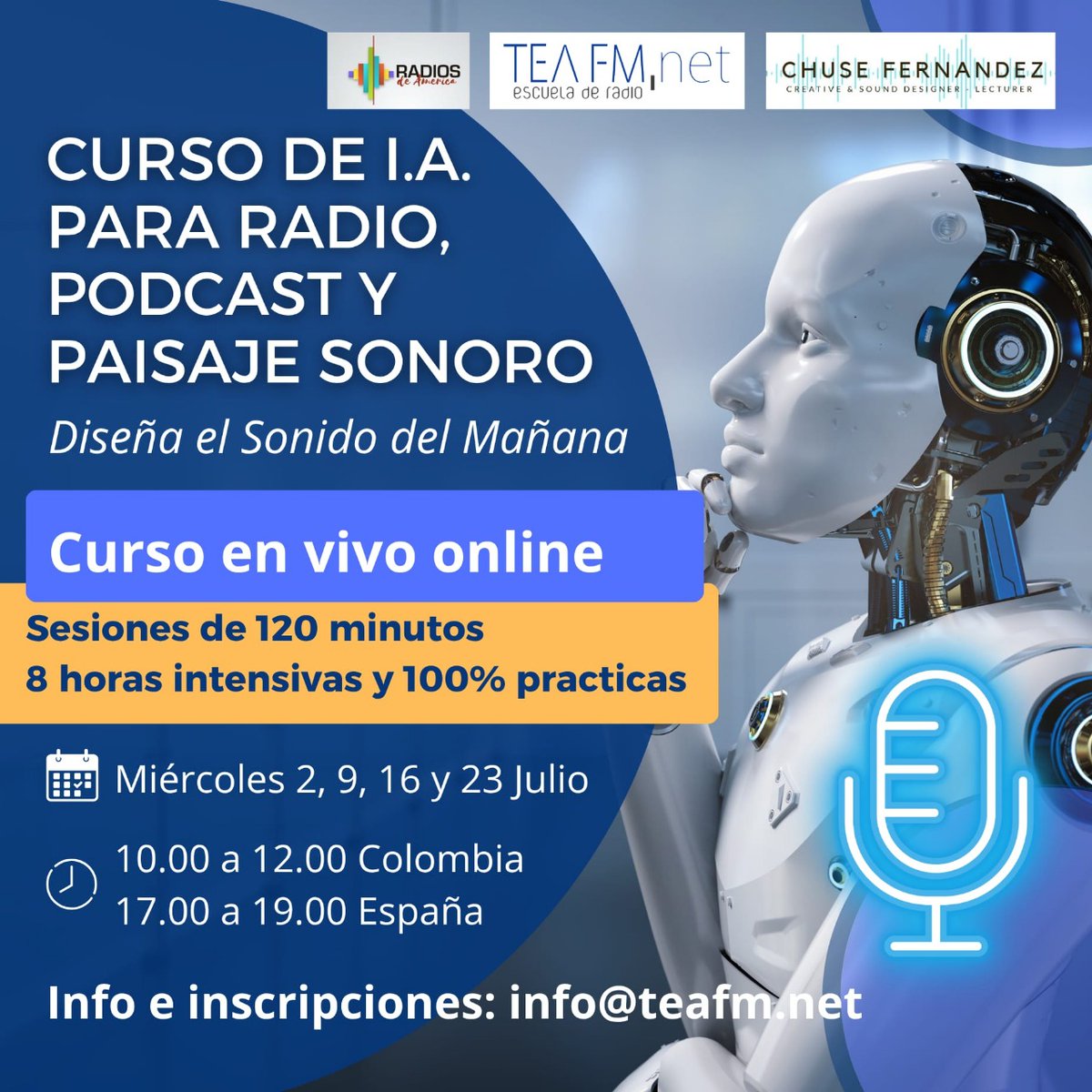 Los miércoles de julio serán los días elegidos para comenzar un curso que promete abrir mentes, micrófonos y nuevas posibilidades:
🎓 “Inteligencia Artificial para Radio, Podcast y Paisaje Sonoro”

📣 Info e inscripciones en info@teafm.net