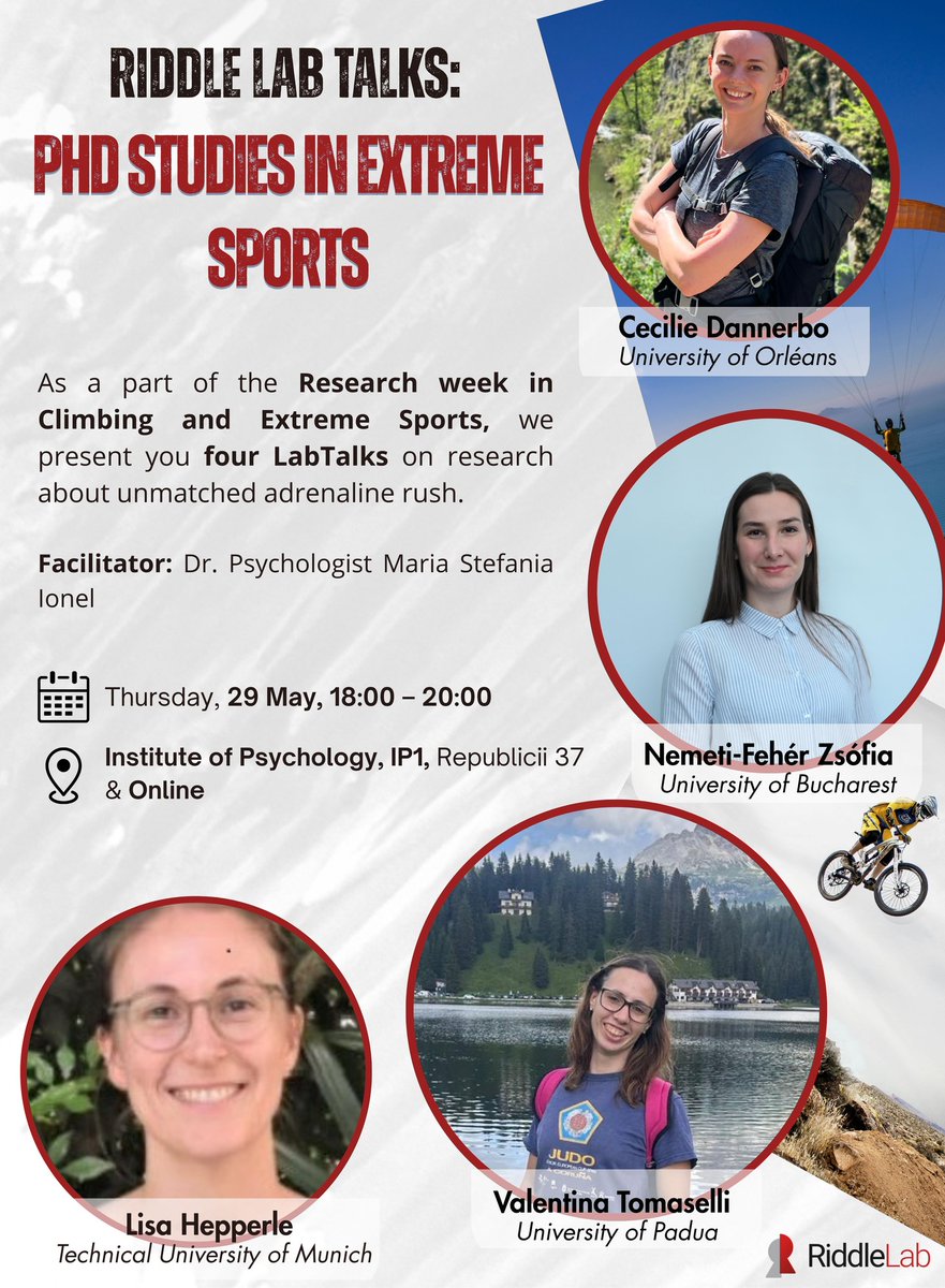 RiddleLab_UBB's tweet image. Last month our lab was busy with 2 colleagues presenting in international conferences, Dr Narcisa Prodan and PhD student Alexandra Bulbuc, &amp;amp; a 𝑅𝑒𝑠𝑒𝑎𝑟𝑐ℎ 𝑊𝑒𝑒𝑘 𝑖𝑛 𝐶𝑙𝑖𝑚𝑏𝑖𝑛𝑔 &amp;amp; 𝐸𝑥𝑡𝑟𝑒𝑚𝑒 𝑆𝑝𝑜𝑟𝑡𝑠 organised by Dr Maria Stefania Ionel 👏👏👏