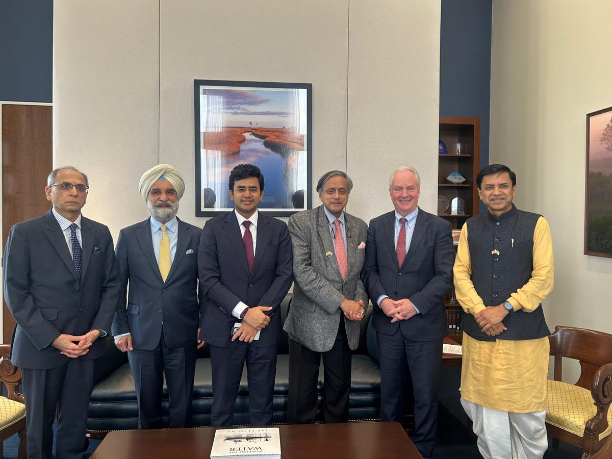 IndianEmbassyUS's tweet photo. The Indian parliamentary delegation led by Dr. @ShashiTharoor had a productive meeting with Senator @ChrisVanHollen, member of the US Senate Foreign Relations Committee. The delegation briefed him on the heinous terrorist attack in Pahalgam, discussed India’s subsequent Operation Sindoor, and put forth India’s firm resolve to counter cross-border terrorism in all its forms. The Senator sympathized with the victims of repeated terror attacks in India, said that 🇺🇸 stands with 🇮🇳 in the fight against terrorism, and expressed support for India’s right to defend itself.