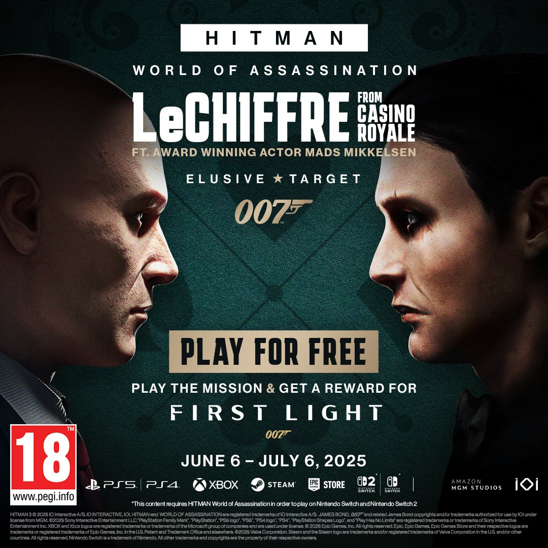 Le Chiffre from the legendary Mads Mikkelsen steps into HITMAN World of Assassination as the next Celebrity Elusive Target mission.

Play now and earn a unique in-game reward for #007FirstLight.

#HITMAN #Agent47