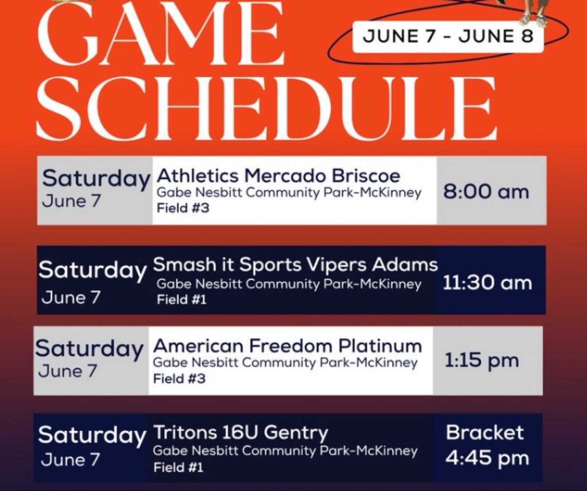 Lacey Stephenson (@lstephenson2008) on Twitter photo 💙🧡🥎🧡💙
📍Gabe Nesbitt Park - Mckinny, TX
<a href="/NCDAWGSSoftball/">NC Softball</a> <a href="/CoachGJCary/">Gregory Cary</a> <a href="/coachweilmiller/">Brittany Miller</a> <a href="/CoachMariaWinn/">🥎CW🥎</a> <a href="/CoachJaegersSFA/">Melanie Jaegers</a> <a href="/CoachSegovia/">Tony Segovia</a> <a href="/KelseyBernhardt/">Kelsey Bernhardt</a> <a href="/eric_henderson2/">Eric Henderson</a>
<a href="/ExtraInningSB/">EXTRA INNING SOFTBALL</a> <a href="/LegacyLegendsS1/">Legacy & Legends Softball</a> <a href="/TopPreps/">SPORTS NEWS, VIDEOS, GRAPHICS, EXPOSURE & MORE</a> <a href="/CoastRecruits/">Coast 2 Coast Recruits</a> @Ladypatriots_TX <a href="/SoftballDown/">Down South Softball</a> <a href="/fastpitchwatch/">Fastpitch Watch</a> 💙🧡🥎🧡💙
📍Gabe Nesbitt Park - Mckinny, TX
<a href="/NCDAWGSSoftball/">NC Softball</a> <a href="/CoachGJCary/">Gregory Cary</a> <a href="/coachweilmiller/">Brittany Miller</a> <a href="/CoachMariaWinn/">🥎CW🥎</a> <a href="/CoachJaegersSFA/">Melanie Jaegers</a> <a href="/CoachSegovia/">Tony Segovia</a> <a href="/KelseyBernhardt/">Kelsey Bernhardt</a> <a href="/eric_henderson2/">Eric Henderson</a>
<a href="/ExtraInningSB/">EXTRA INNING SOFTBALL</a> <a href="/LegacyLegendsS1/">Legacy & Legends Softball</a> <a href="/TopPreps/">SPORTS NEWS, VIDEOS, GRAPHICS, EXPOSURE & MORE</a> <a href="/CoastRecruits/">Coast 2 Coast Recruits</a> @Ladypatriots_TX <a href="/SoftballDown/">Down South Softball</a> <a href="/fastpitchwatch/">Fastpitch Watch</a>