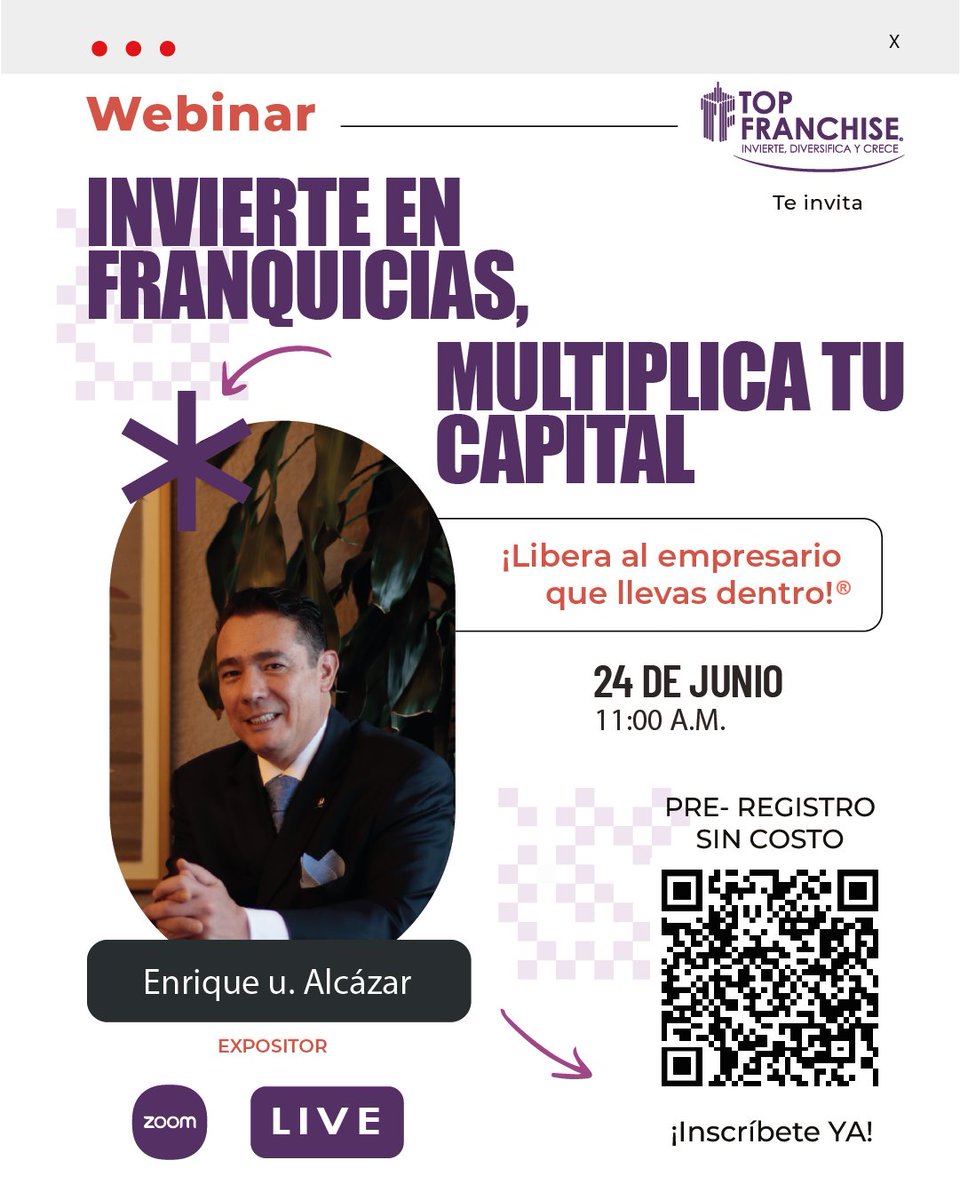 ¿Quieres multiplicar tu capital?
💡 Invierte con estrategia.
📅 24 JUN | 11 AM (CDMX)
🎙 Webinar con Enrique U. Alcázar
🧠 “Invierte en franquicias, multiplica tu capital”
🎟 Evento GRATUITO  | Cupo limitado
🔗 Regístrate: bit.ly/43Wpplh
#Inversiones #Webinar