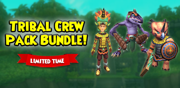 Be dinomite. 🦖

The Tribal Crew Pack Bundle is here and gives you 6 Tribal Crew Packs for the price of 5! Get your chance at cool companions, pets, gear, and more. Don't miss out, this pack bundle will leave the Crown Shop after Sunday, June 8th! #Pirate101