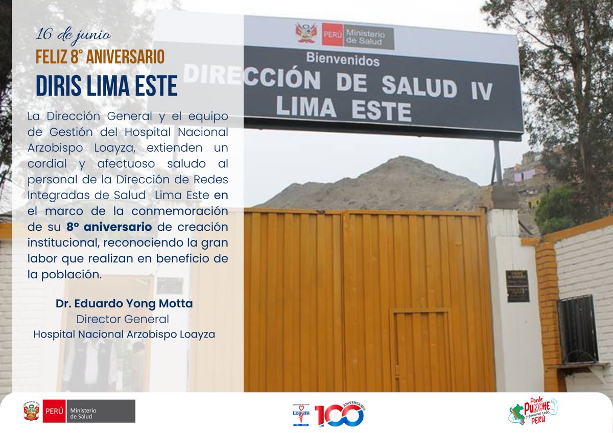 H.N.Arzobispo Loayza (@hospitalloayza) on Twitter photo 🔴16/06
El Hospital Nacional Arzobispo Loayza extiende un saludo en el día de su aniversario a la Dirección de Redes Integradas de Salud - Lima Este.
<a href="/Minsa_Peru/">Ministerio de Salud</a> <a href="/DirisLC_oficial/">Diris Lima Centro</a> <a href="/DirisLimaEste/">Diris Lima Este</a> 🔴16/06
El Hospital Nacional Arzobispo Loayza extiende un saludo en el día de su aniversario a la Dirección de Redes Integradas de Salud - Lima Este.
<a href="/Minsa_Peru/">Ministerio de Salud</a> <a href="/DirisLC_oficial/">Diris Lima Centro</a> <a href="/DirisLimaEste/">Diris Lima Este</a>