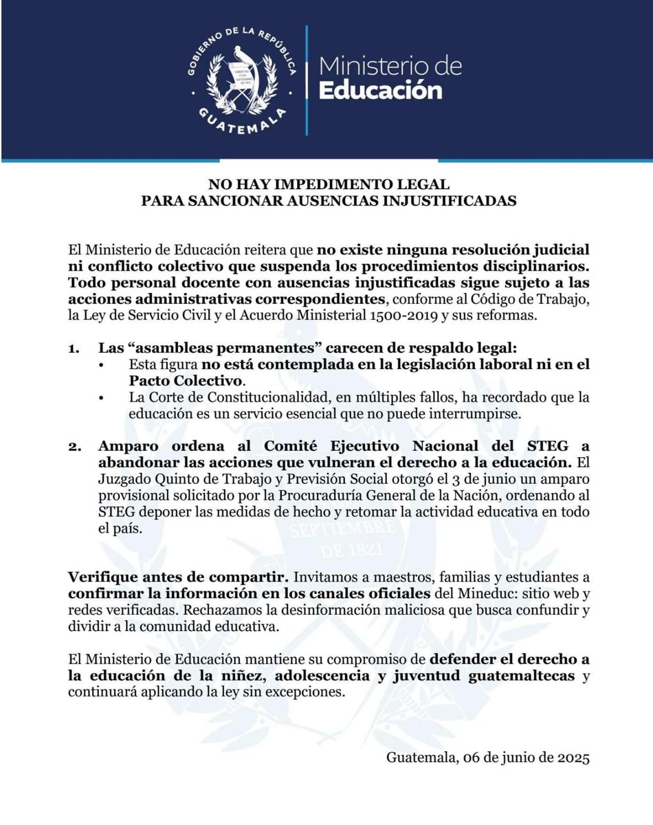 #Comunicado | El personal docente con ausencias injustificadas sigue sujeto a las acciones administrativas correspondientes.

#ElPuebloDignoEsPrimero