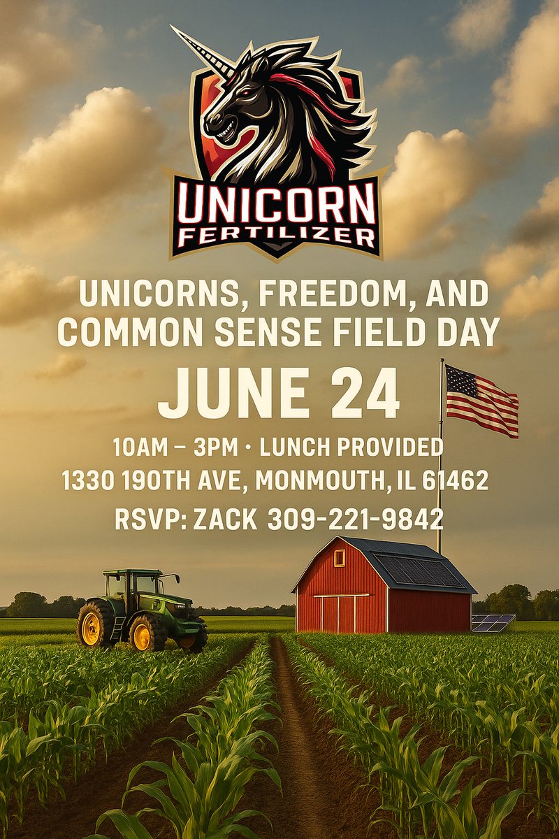 zackyoungquist's tweet image. We built Unicorn Fertilizer to fight back against the noise—no gimmicks, no snake oil. Just what your crop actually needs.
Come to our farm June 24th for Unicorns, Freedom, and Common Sense Field Day. Let’s talk intelligent farming, share a meal, and rethink what “progressive”…