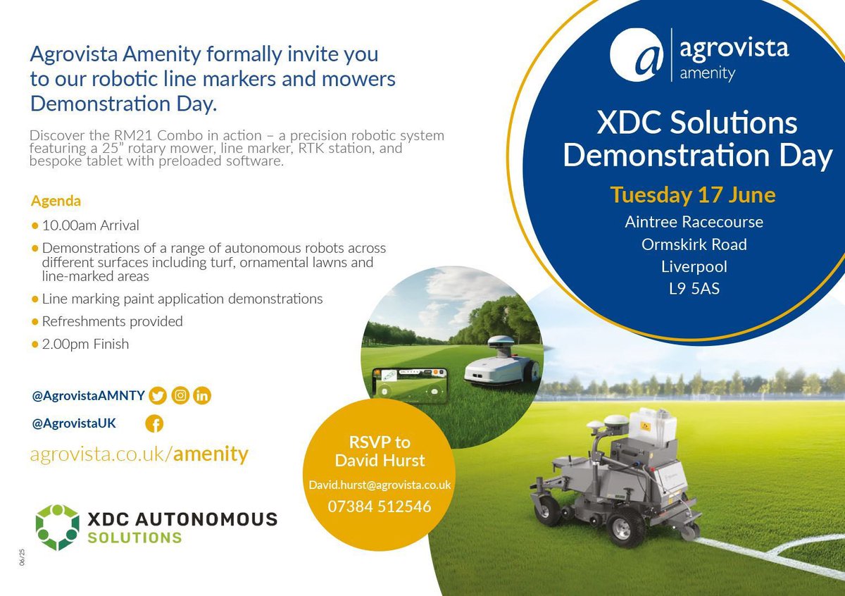 David Hurst (@davehurst83) on Twitter photo 🗣️Turf Pros & Volunteers!
See XDC’s cutting-edge robotic mowers & line markers in action at Aintree Racecourse!
📅 17 June | 🕙 10am–2pm | 📍 Liverpool
Hosted by Agrovista Amenity
✍️book your place now
🎟️ RSVP: David.hurst@agrovista.co.uk | 📱 07384 512546 🗣️Turf Pros & Volunteers!
See XDC’s cutting-edge robotic mowers & line markers in action at Aintree Racecourse!
📅 17 June | 🕙 10am–2pm | 📍 Liverpool
Hosted by Agrovista Amenity
✍️book your place now
🎟️ RSVP: David.hurst@agrovista.co.uk | 📱 07384 512546