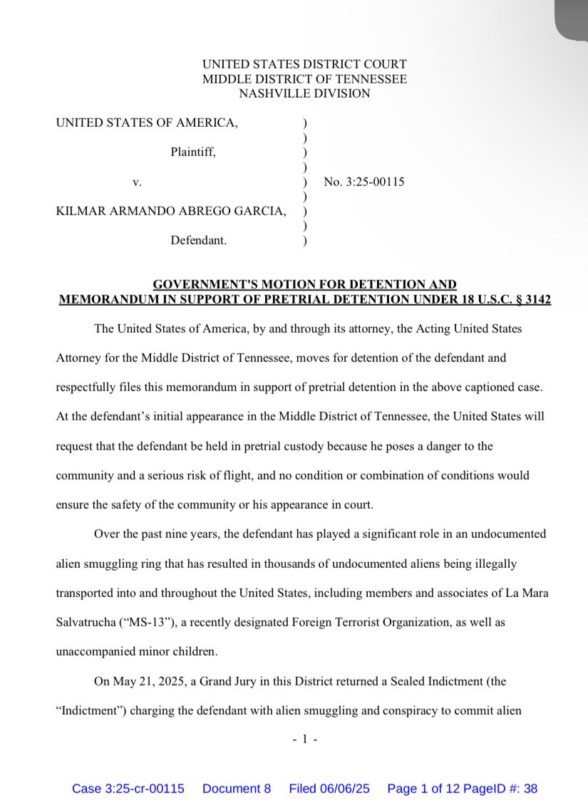 JerryDunleavy's tweet image. DOJ’s motion for the pretrial detention of Kilmar Armando Abrego Garcia says he: is a member of MS-13, smuggled thousands of illegal aliens throughout U.S., transported MS-13 gang members inside the U.S., transported kids, abused women under his control, and solicited child porn.