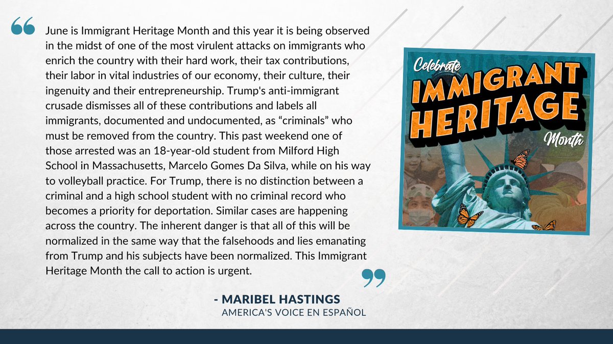 America's Voice (@americasvoice) on Twitter photo In her weekly column, <a href="/maribelhastings/">Maribel Hastings</a> writes that June is #ImmigrantHeritageMonth and is being commemorated amid Trump's anti-immigrant crusade, making an urgent call to action.
americasvoice.org/comunicados/im… In her weekly column, <a href="/maribelhastings/">Maribel Hastings</a> writes that June is #ImmigrantHeritageMonth and is being commemorated amid Trump's anti-immigrant crusade, making an urgent call to action.
americasvoice.org/comunicados/im…