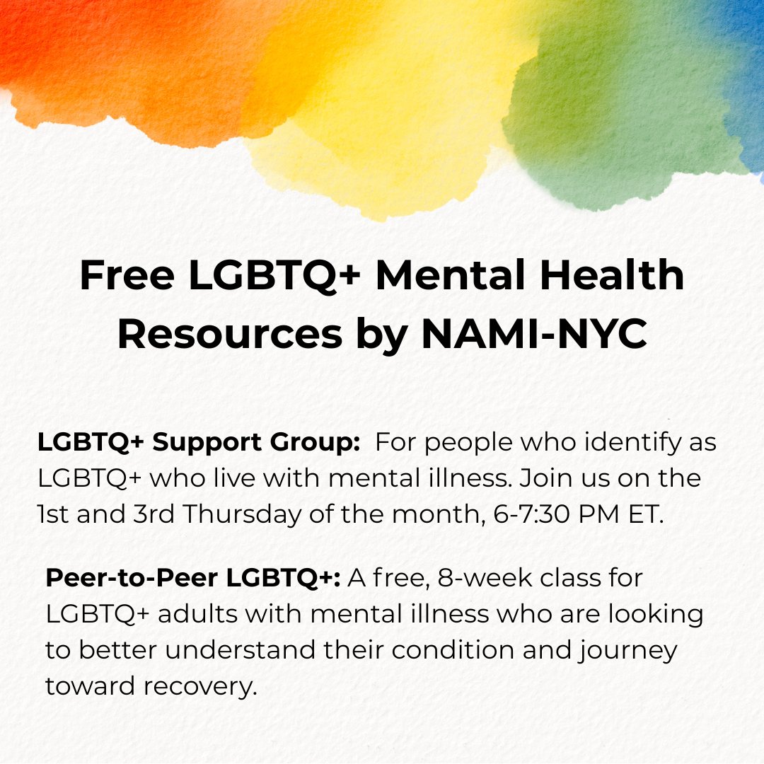 ️‍🌈Pride is taking care of your mental health.  

LGBTQ+ people who aren’t supported are more likely to face symptoms of depression and anxiety, but community makes a difference. Check out all our LGBTQ+ mental health services at naminyc.org/find-support/.