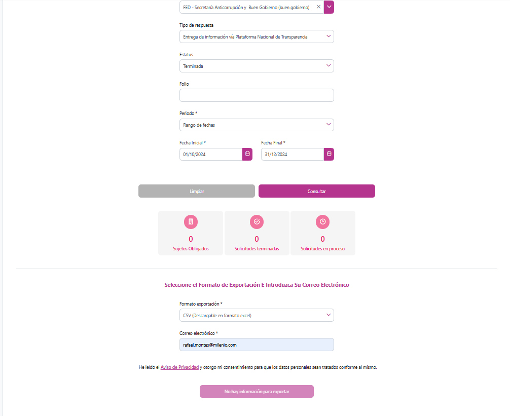 ❌Va otra muestra de cómo <a href="/BGTransparencia/">Transparencia para el Pueblo</a> echó a perder la Plataforma Nacional de #Transparencia.

No se pueden descargar solicitudes, en datos abiertos, que se hicieron a <a href="/BuenGobierno_mx/">Buen Gobierno México 🇲🇽</a> de oct a dic 2024. "No hay información para exportar". 

¿En serio no se preguntó nada?