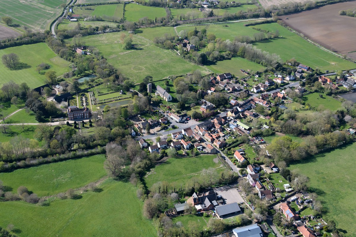 Bramfield aerial image. Home of the only existing round tower church with a detached tower in Suffolk #Bramfield #church #Suffolk #aerial #image