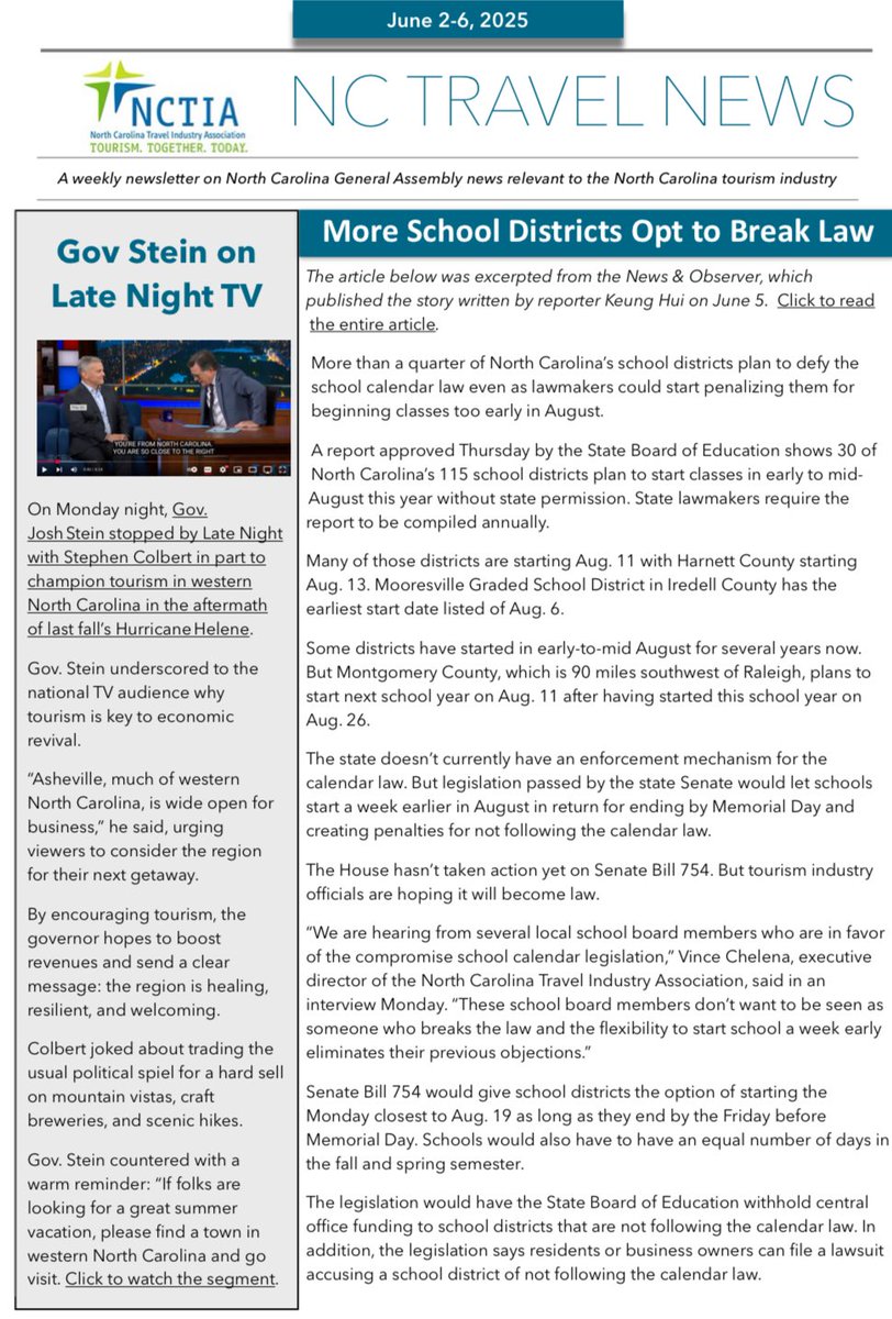 📺 <a href="/NC_Governor/">Governor Josh Stein</a> @JoshStein champions tourism in western North Carolina on Late Night with Stephen Colbert. 

Watch the video: youtu.be/vjolshzYvXc?si…

Read the newsletter: nctia.wildapricot.org/resources/Docu…

#WNC #ncpol