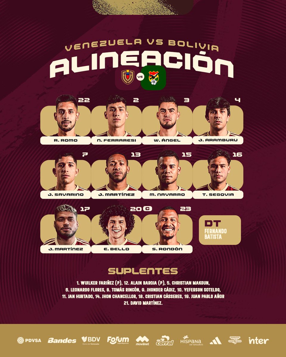 𝐗𝐈 𝐕𝐈𝐍𝐎𝐓𝐈𝐍𝐓𝐎 🇻🇪

Los elegidos para enfrentar a Bolivia en nuestra casa.

#ElPartidoDeTodos #SiempreVinotinto