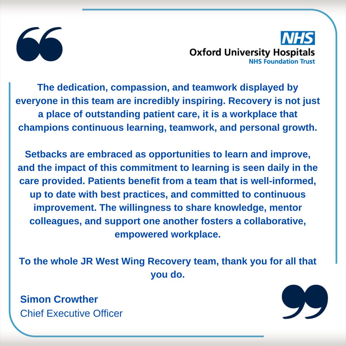 The #OUHAwards25 CEO’s Award presented by our CEO Simon Crowther goes to the JR West Wing Recovery Team for embodying all our Trust values.

✨ Congratulations and thank you for all you do 💙
