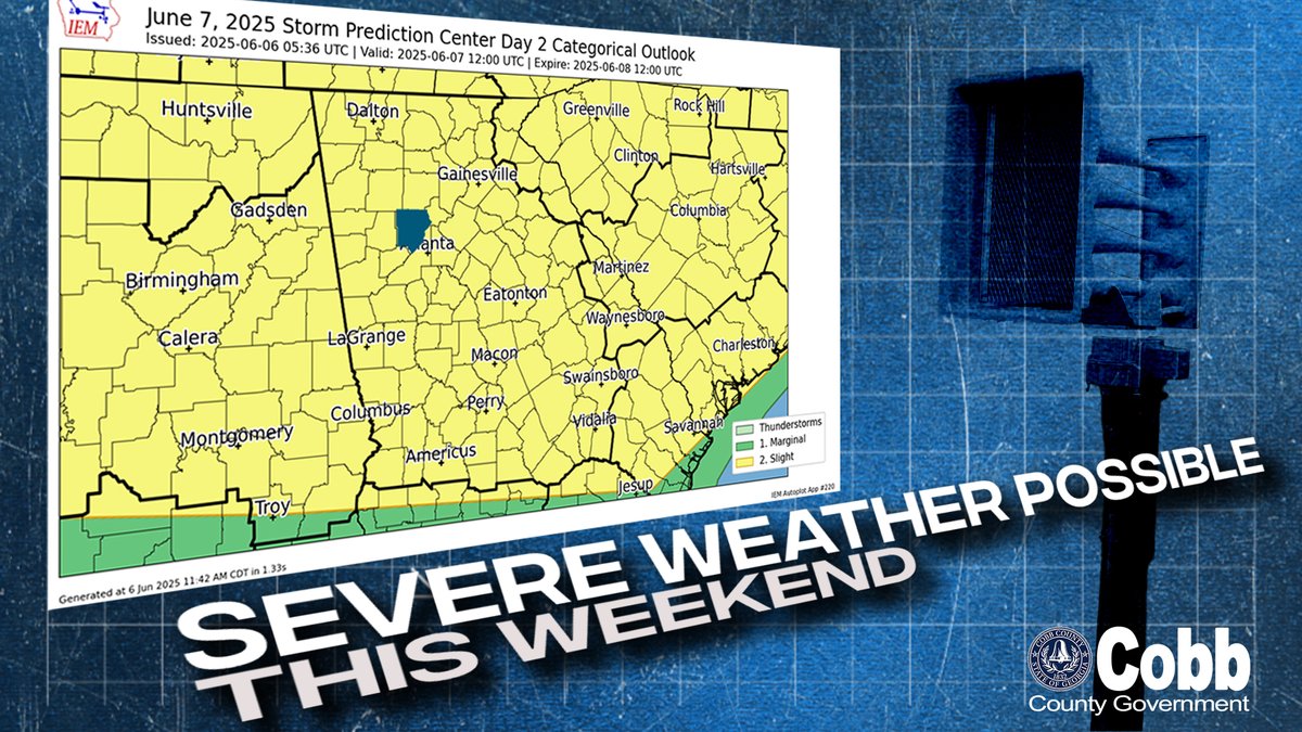 🌩️ Stay Weather Aware This Weekend! 🌩️
Two chances for severe weather to impact Cobb County this weekend. As you plan your activities, be sure to keep a weather alert device nearby. Stay informed and stay safe — don’t get caught off guard! #CobbCounty #WeatherAware
