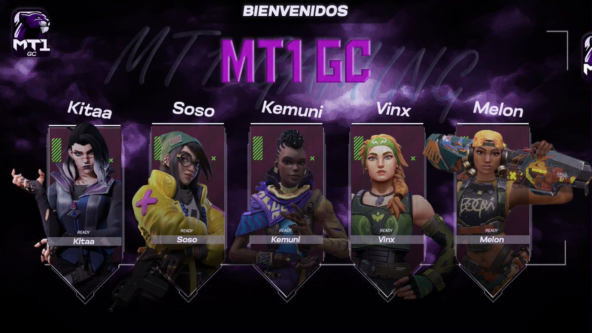 MT1 Gaming (@mt1_gaming) on Twitter photo SE AGRANDA LA MANADA!🐾
Con mucho orgullo, les presentamos al roster oficial de MT1 GC para esta temporada de Game Changers 💜
🔹 @KitaaSB
🔹 <a href="/ososvlr/">MT1 7kayne</a>
🔹 <a href="/vkemuni/">MT1 Kemuni</a>
🔹 <a href="/Viketita555/">MT1 VinX</a>
🔹 <a href="/XSmurfinha/">MT1 Melon</a>
#RugimosTodos SE AGRANDA LA MANADA!🐾
Con mucho orgullo, les presentamos al roster oficial de MT1 GC para esta temporada de Game Changers 💜
🔹 @KitaaSB
🔹 <a href="/ososvlr/">MT1 7kayne</a>
🔹 <a href="/vkemuni/">MT1 Kemuni</a>
🔹 <a href="/Viketita555/">MT1 VinX</a>
🔹 <a href="/XSmurfinha/">MT1 Melon</a>
#RugimosTodos