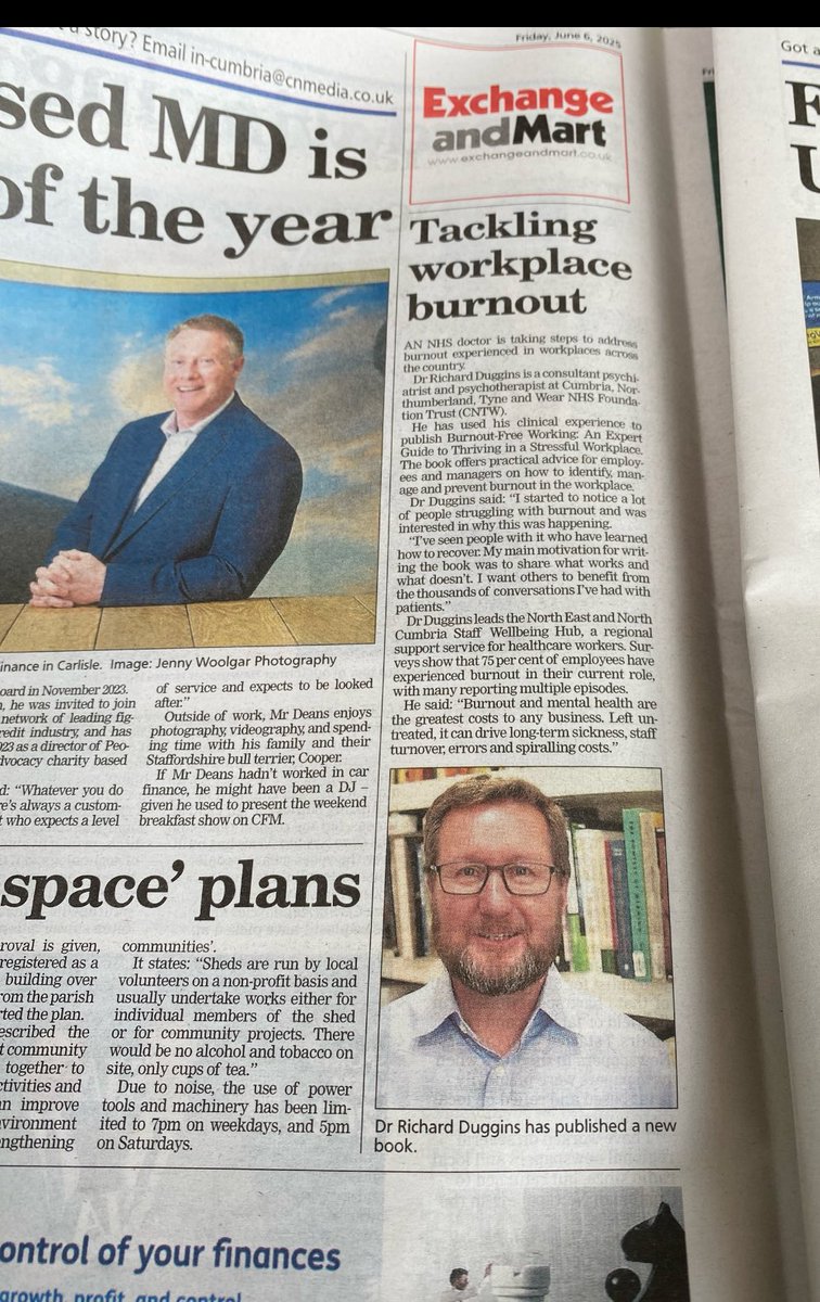 Dr Richard Duggins (@rduggins) on Twitter photo Grateful to be featured in today’s <a href="/newsandstar/">News & Star</a> , discussing burnout, staff wellbeing, and my new book Burnout-Free Working: An Expert Guide to Thriving in a Stressful Workplace.
Let’s keep the conversation going!
#burnout #mentalhealth #NHS #wellbeing #leadership <a href="/CNTWNHS/">Cumbria, Northumberland, Tyne and Wear NHS FT</a> Grateful to be featured in today’s <a href="/newsandstar/">News & Star</a> , discussing burnout, staff wellbeing, and my new book Burnout-Free Working: An Expert Guide to Thriving in a Stressful Workplace.
Let’s keep the conversation going!
#burnout #mentalhealth #NHS #wellbeing #leadership <a href="/CNTWNHS/">Cumbria, Northumberland, Tyne and Wear NHS FT</a>