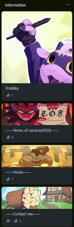 I've been slowly updating my Trello and made a Carrd! This will help make everything look much nicer and more presentable :D 
(I'll probably change the "Contact me" section image to a crow with a letter)