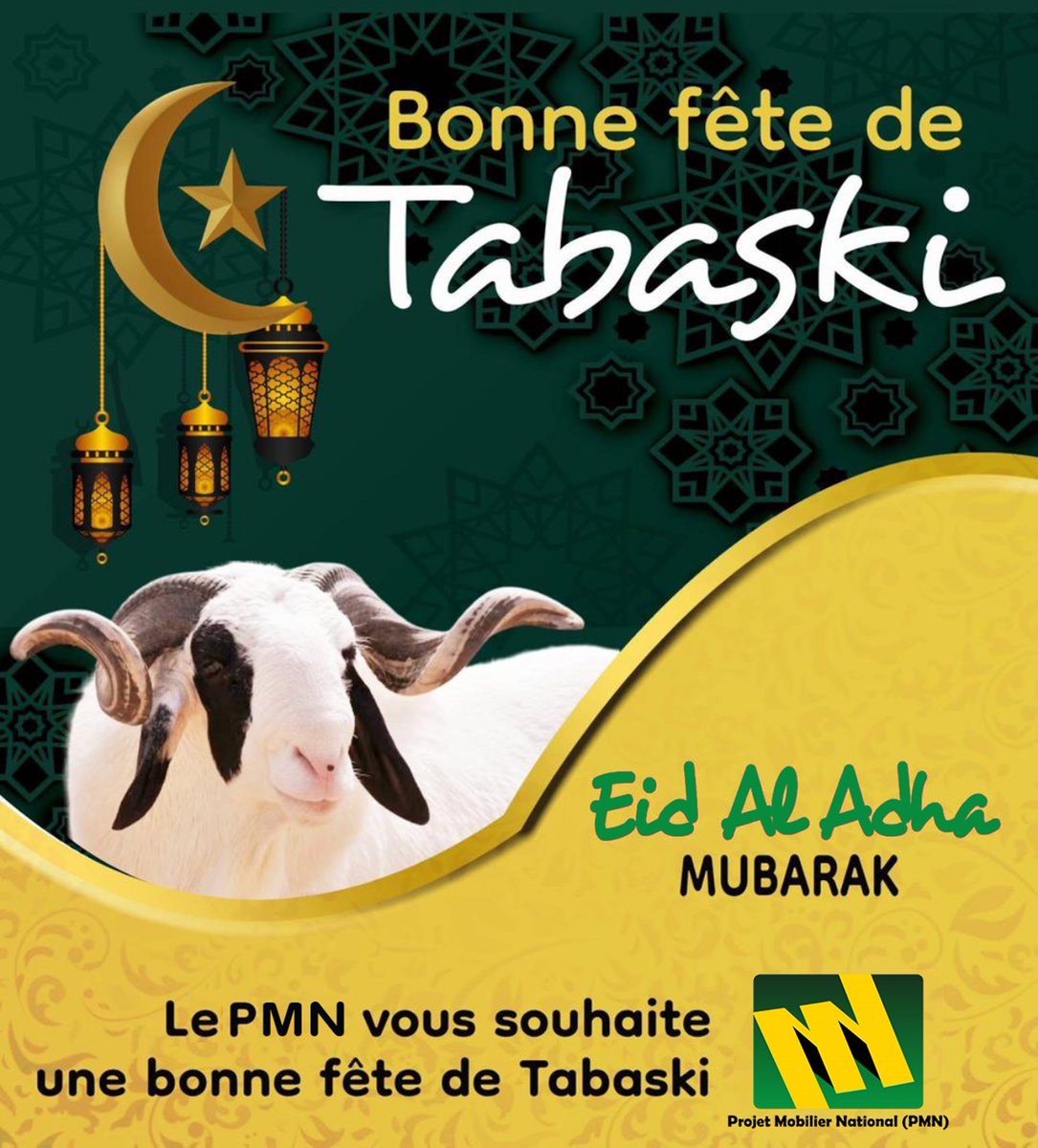 À l'occasion de la fête de la Tabaski, le Projet Mobilier National adresse ses vœux les plus chaleureux à l'ensemble de la Oumma islamique.
Bonne fête de l’Eid al-Adha !
Dewenati.
@Min_tourism_art 
<a href="/MobilierProjet/">Projet Mobilier National</a> 
<a href="/PR_Diomaye/">Bassirou Diomaye Faye</a> 
<a href="/SonkoOfficiel/">Ousmane Sonko</a> 
<a href="/M_DIAO221/">Mountaga DIAO</a> 
<a href="/IbrahimaTall_SN/">Ibrahima TALL</a>