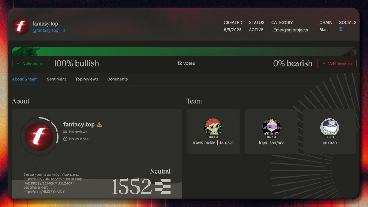 Bullish on Fantasy Top?

Now you can show it directly on <a href="/ethos_network/">Ethos</a>!

Analyze project sentiment, follow the founders, and see what the community is saying about their favorite app.