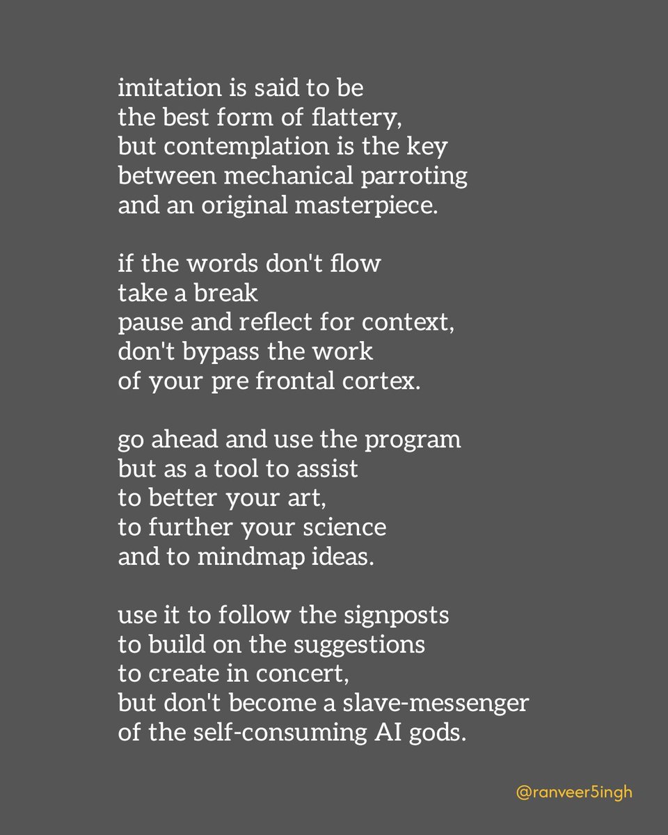 ranveer5ingh's tweet image. We need more originality, with typos and rhythm, not just words that lack soul.
#chatgpt #slavemessengers #poem #poetry #reflections