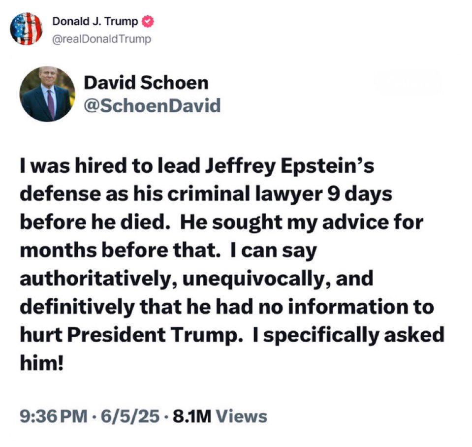 TPostMillennial's tweet image. President Trump shares a post from former Epstein defense lawyer in response to Elon Musk’s allegations: