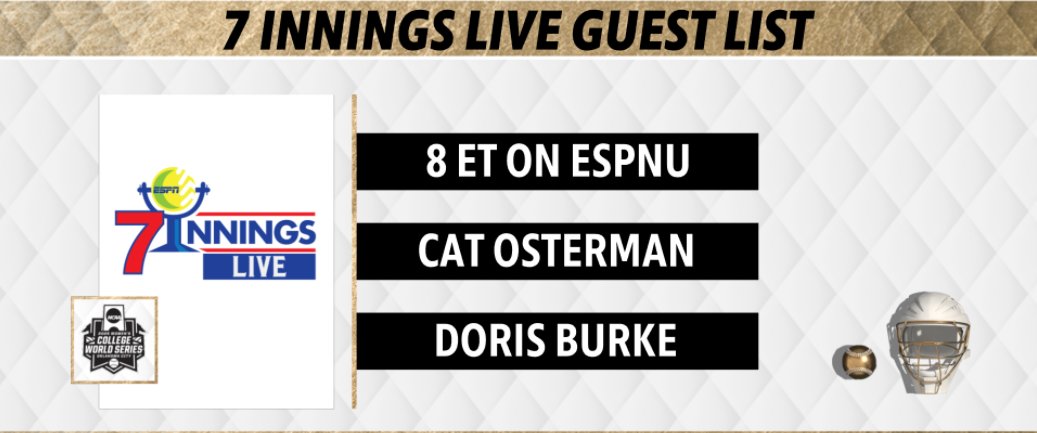 Fridays '7Innings Live: Championship Finals Special’ #WCWS Game 3 guests 

🥎 8p ET | ESPNU, ESPN+ 

#NCAASoftball