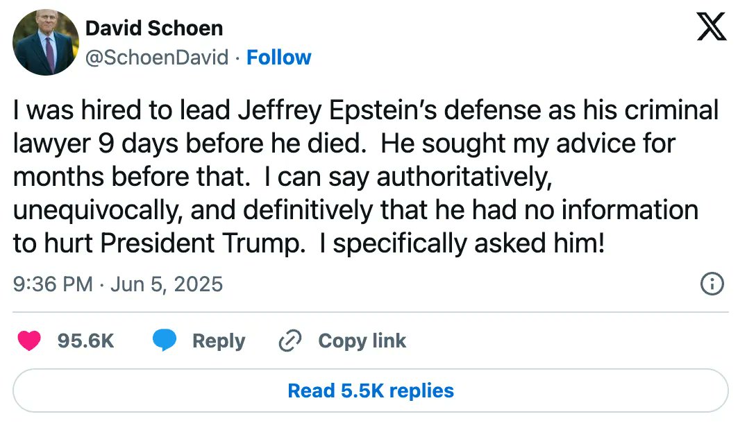 <a href="/realDonaldTrump/">Donald J. Trump</a> <a href="/Chesschick01/">Natalie F Danelishen</a> But just hours after Musk’s accusation, Jeffrey Epstein’s former attorney, David Schoen, stepped in and shut the rumors down.

Schoen, who was hired to lead Epstein’s defense just nine days before his death, said:

“I can say authoritatively, unequivocally, and definitively that