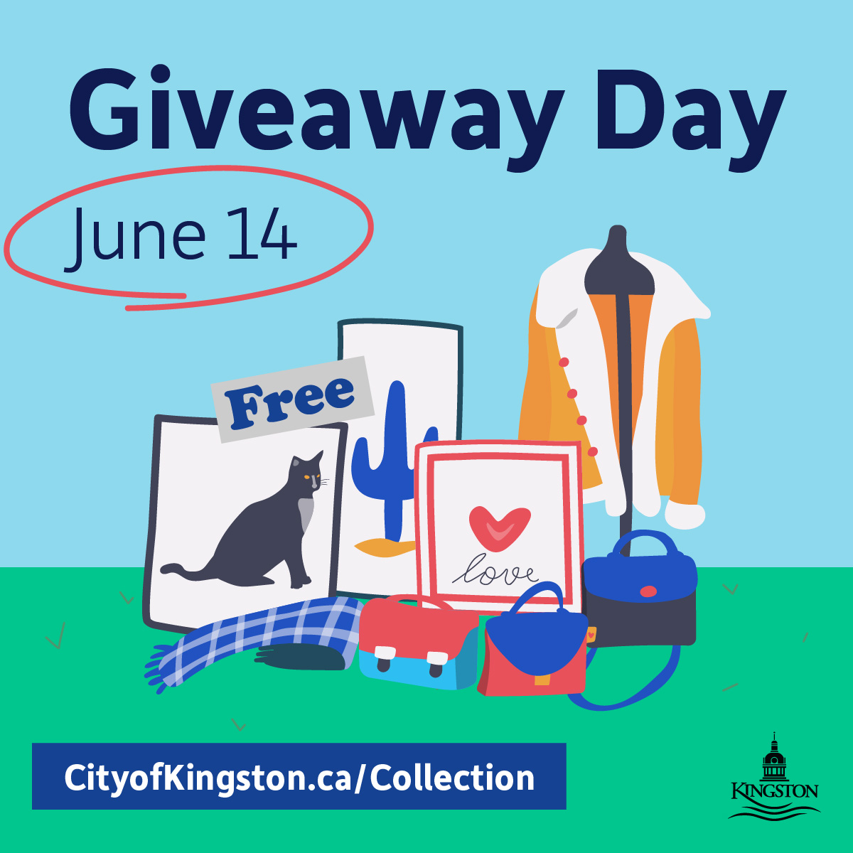 Do you have furniture, books, small appliances or clothes that are collecting dust and taking up space? Giveaway Day is the day for you! 

On Saturday, June 14, put out items you no longer want for neighbours who might like them. 

More info: cityofkingston.ca/garbage-and-re…