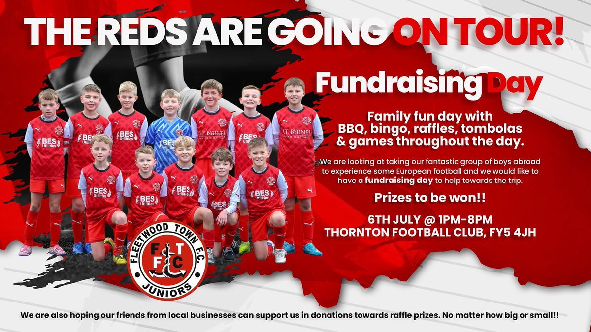 ❗️LOCAL BUISNESSES❗️

THE REDS ARE GOING ON TOUR 🔴⚽️

We are looking at taking our fantastic group of boys abroad to experience some European football and we would like to have a fundraising day to help towards the trip.

Family day 06/07/25