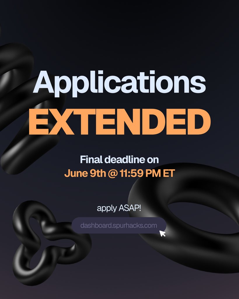 🚨 Missed the deadline? You’re in luck.
SpurHacks 2025 applications are now open until June 9.

💰 $100K+ in prizes
🚀 $1M+ in potential funding
🍽️ Full meals, real vibes, next-level networking

Apply now → spurhacks.com
#SpurHacks2025 #StudentFounders #WaterlooTech
