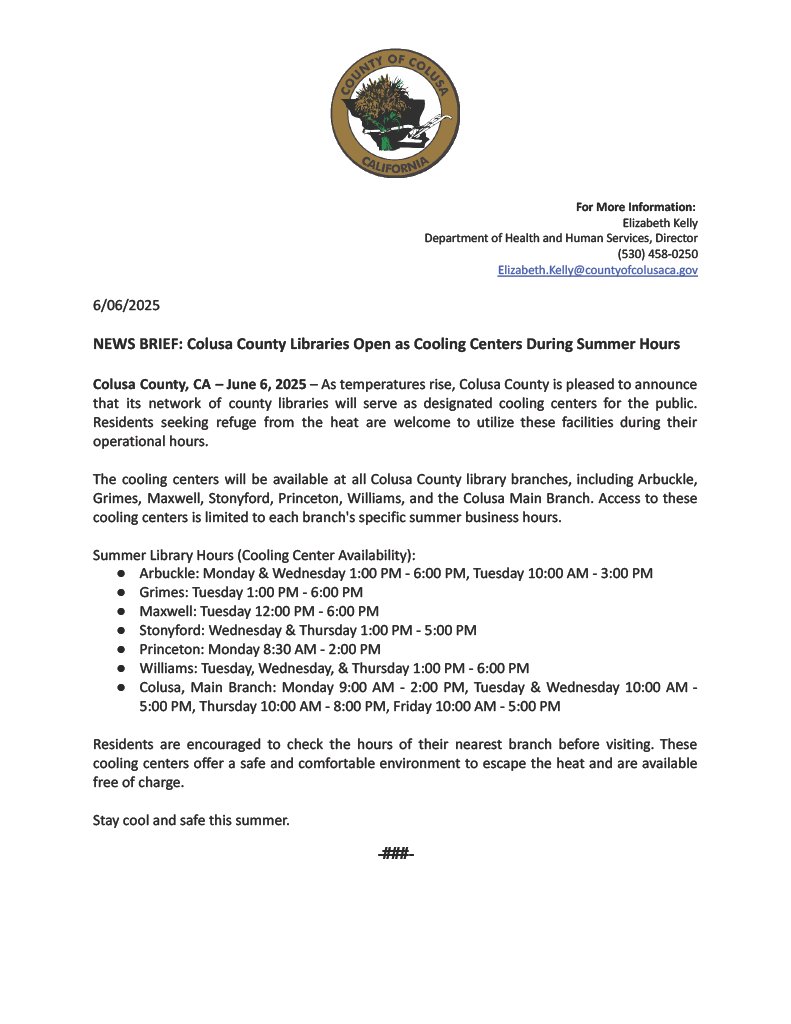 Stay cool this summer, Colusa County! ☀️🌡️

Our local libraries are open and available as cooling centers during their regular business hours. Escape the heat and enjoy a comfortable space at your nearest branch.

Find your branch's hours here:

- Arbuckle: Mon/Wed 1 PM - 6 PM,