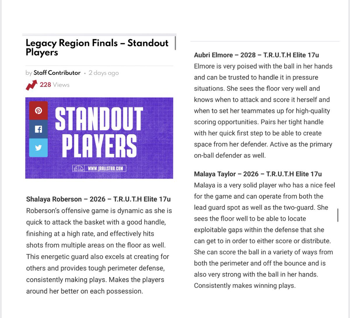 Truth Elite Basketball (@truthelitehoops) on Twitter photo Thanks <a href="/JrAllStarWI/">Wisconsin Jr. All-Star GBB</a> for the write ups from <a href="/PGHCircuit/">Prep Girls Hoops Circuit π</a> Legacy Region Finals!
<a href="/ShayRoberson22/">Shalaya Roberson</a> Uncommitted 2026
<a href="/MalayaTaylor24/">Malaya Taylor</a> Uncommitted 2026
<a href="/AubriElmore/">Aubri Elmore</a> 2028 playing up on 17U
#EarnEverything #keepcompeting #WomensBasketball #WBBCollege Thanks <a href="/JrAllStarWI/">Wisconsin Jr. All-Star GBB</a> for the write ups from <a href="/PGHCircuit/">Prep Girls Hoops Circuit π</a> Legacy Region Finals!
<a href="/ShayRoberson22/">Shalaya Roberson</a> Uncommitted 2026
<a href="/MalayaTaylor24/">Malaya Taylor</a> Uncommitted 2026
<a href="/AubriElmore/">Aubri Elmore</a> 2028 playing up on 17U
#EarnEverything #keepcompeting #WomensBasketball #WBBCollege