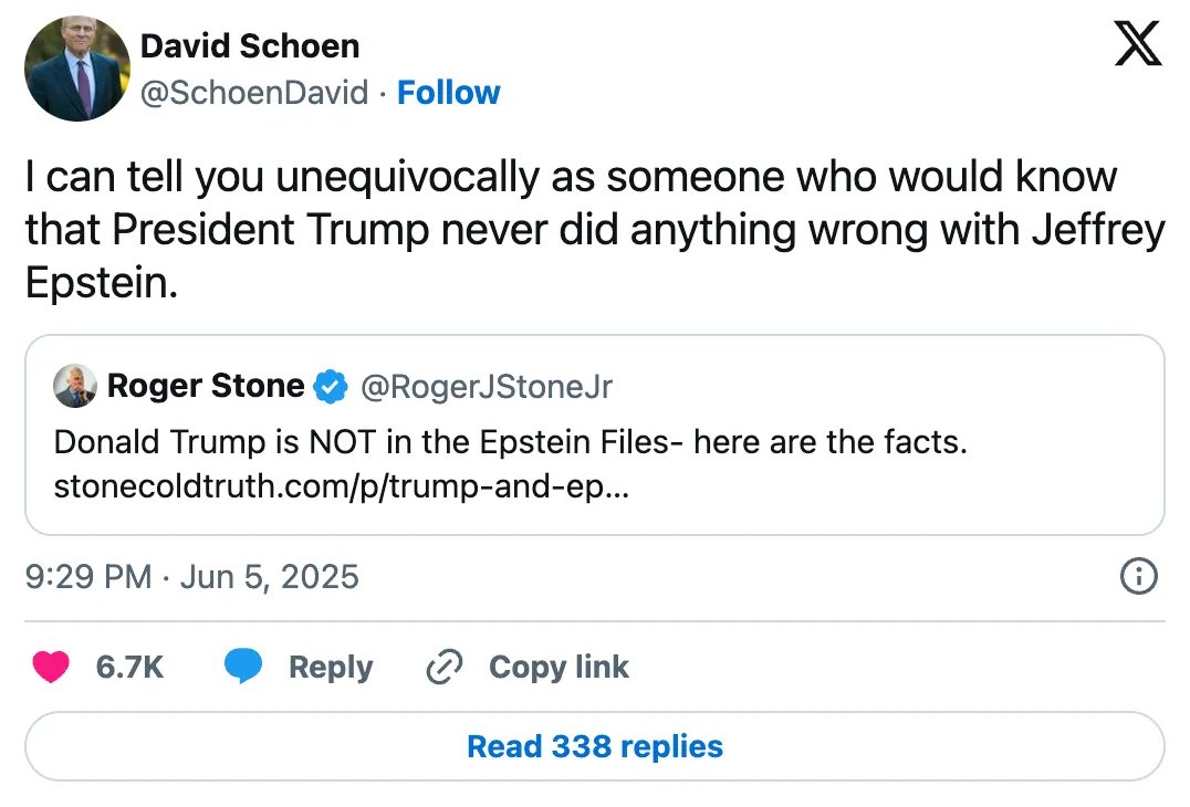 <a href="/realDonaldTrump/">Donald J. Trump</a> <a href="/Chesschick01/">Natalie F Danelishen</a> Schoen reiterated the point with firm conviction when replying to Trump ally Roger Stone:

“I can tell you unequivocally, as someone who would know, that President Trump never did anything wrong with Jeffrey Epstein.”